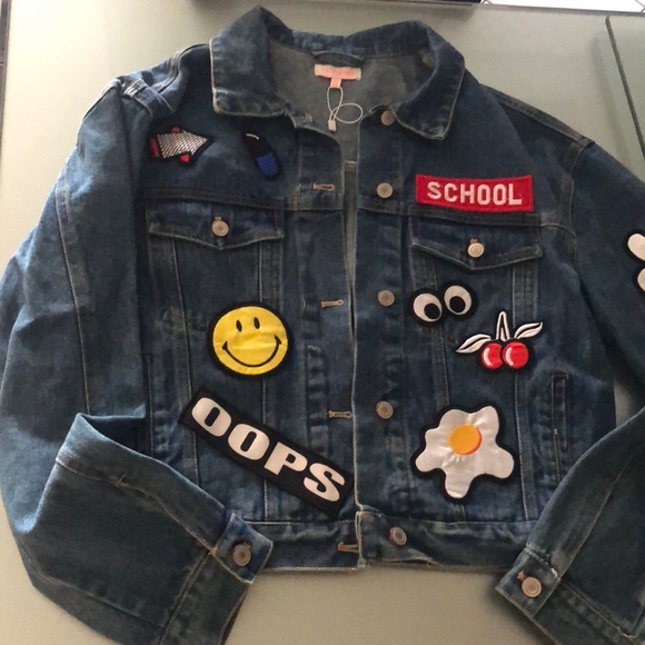 Brand new RE:NAMED Denim jacket with patches Sz L - Picture 1 of 8